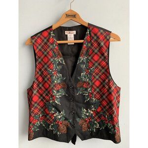 90s VINTAGE Talbots Christmas Holiday Plaid Pinecones Holly Vest Women M